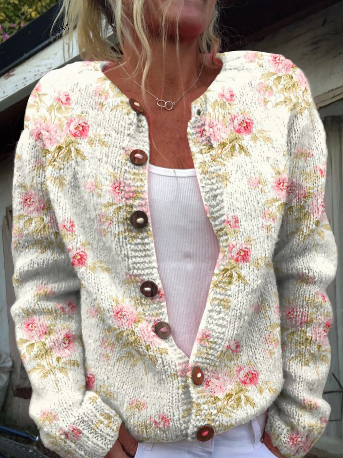 Verse Roze Bloemen en Groene Bladeren Print Gebuttonde Cardigan Trui