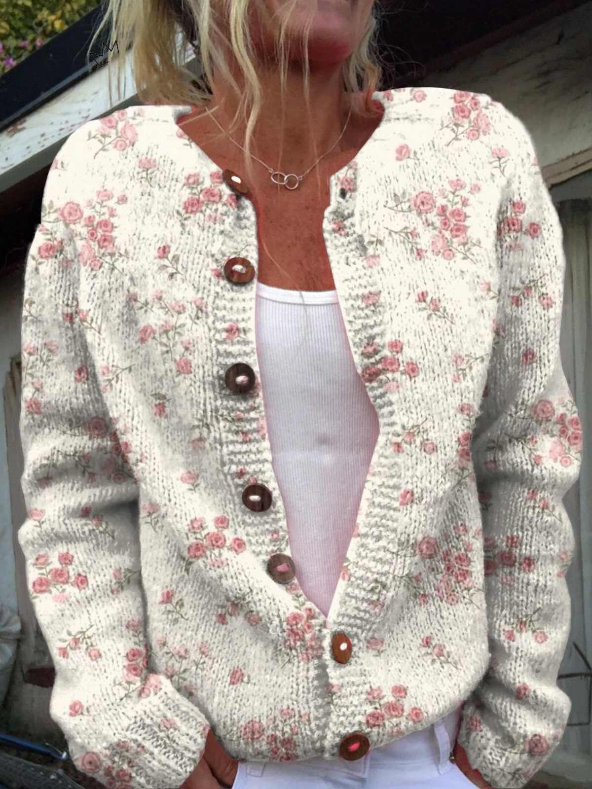 Roze Rozenbloesem Print Gebuttonde Cardigan Trui
