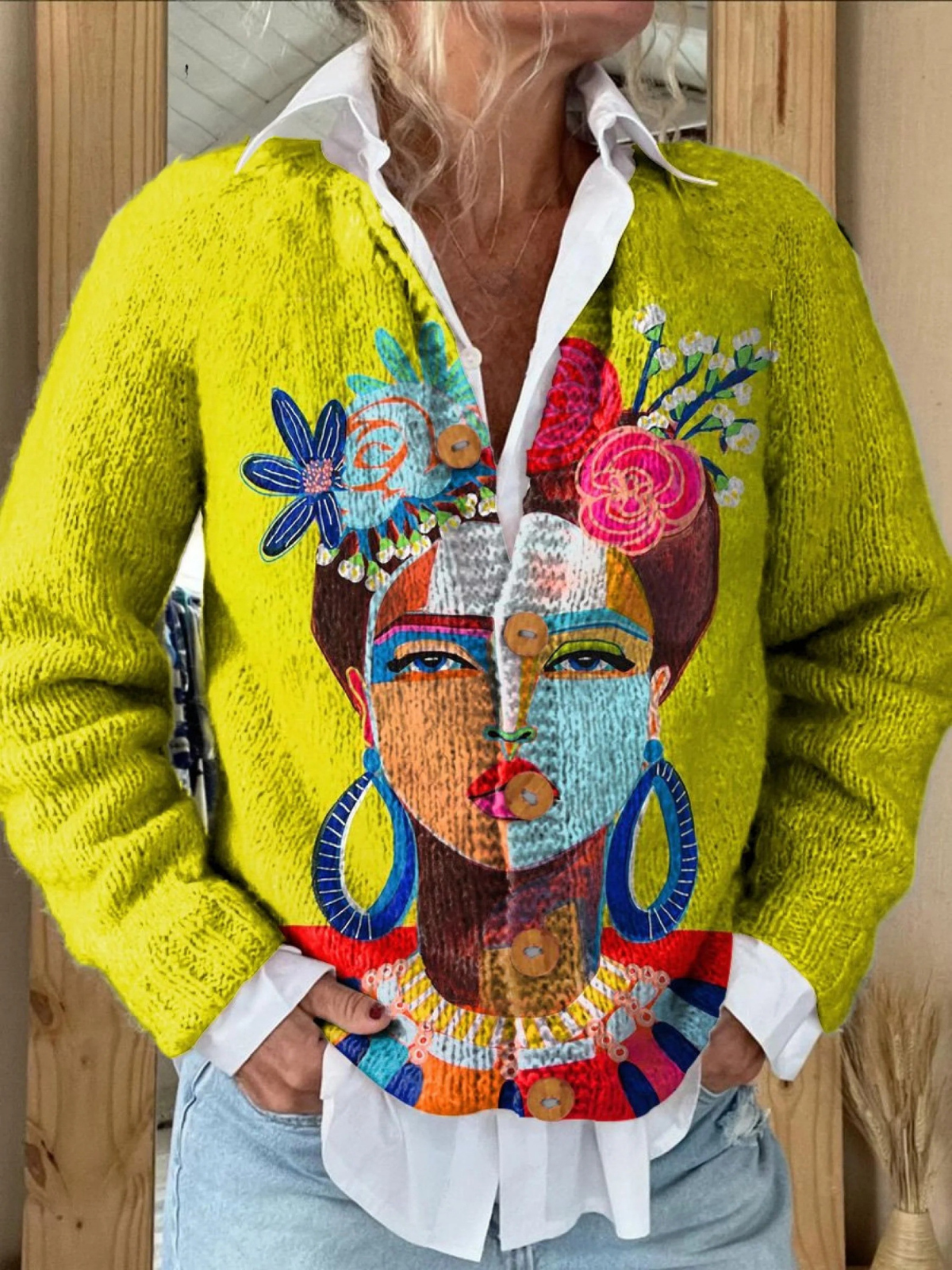 Olieverf Freda Portret Kunst Gedrukte Knop Cardigan Trui