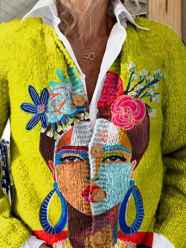 Olieverf Freda Portret Kunst Gedrukte Knop Cardigan Trui