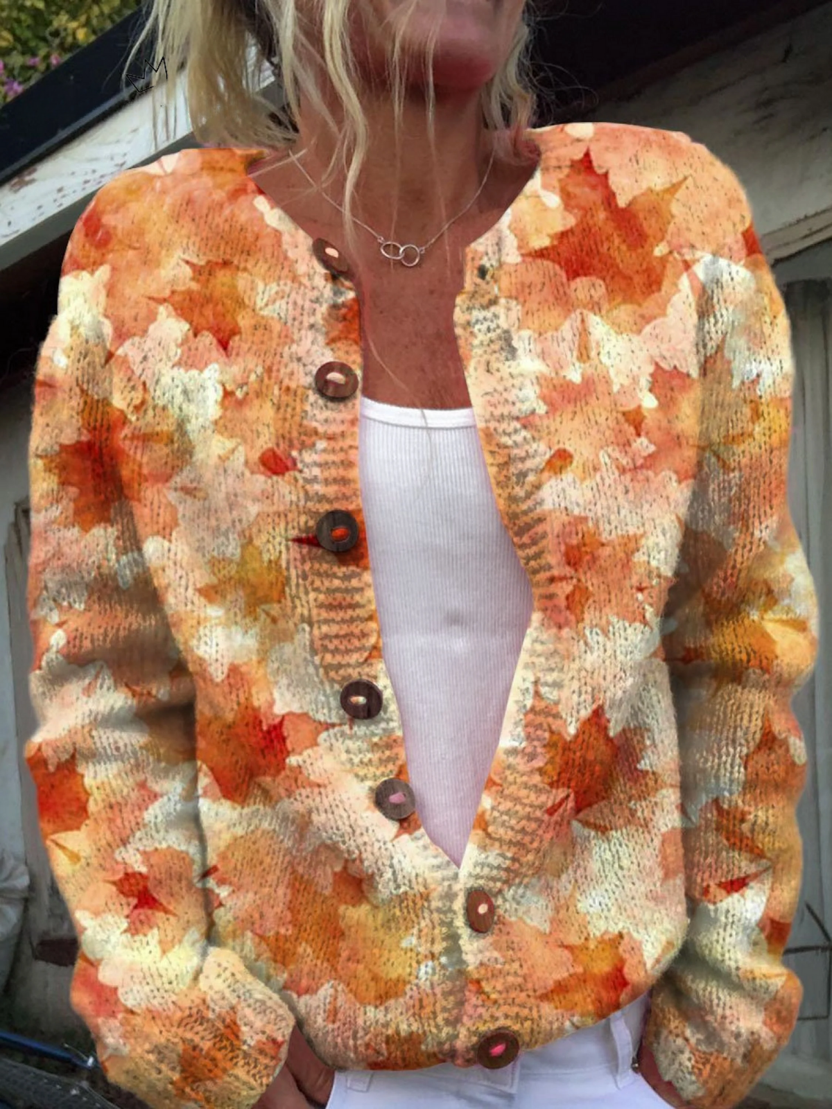 Maple Leaf Herfst Kunstprint Gebuttonde Cardigan Trui