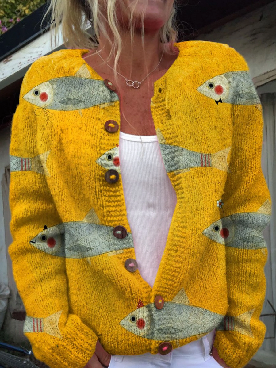 Vintage Vis Sardines Kunstafdruk Gebuttonde Cardigan Trui