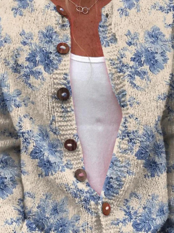 Dames Mooie Bloemige Kunstprint Geknoopte Cardigan Trui