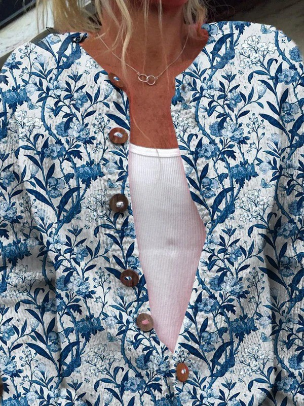 Elegante Blauwe En Witte Bloemenpatroon Print Gebuttonde Cardigan Trui