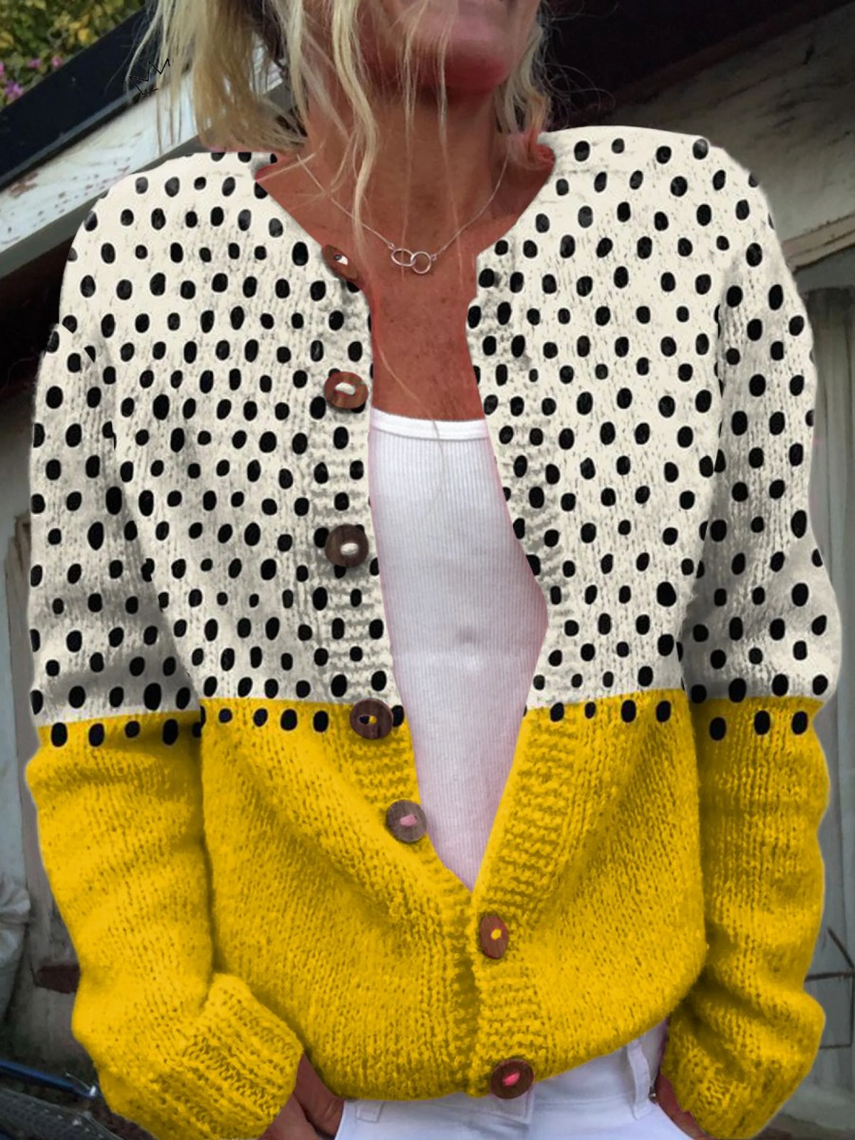 Geel Geometrisch Stippendruk Knopen Cardigan Trui