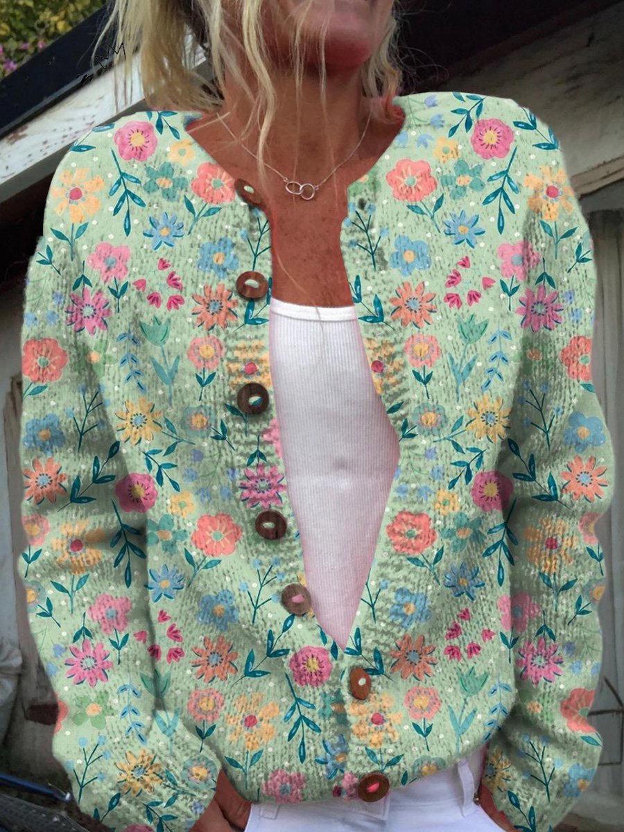 Zomer Veld Bloem Patroon Print Geknoopte Cardigan Trui