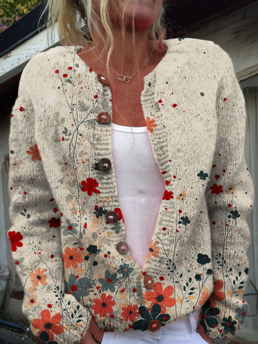Vintage Bloemen Kunst Print Geknoopte Cardigan Trui