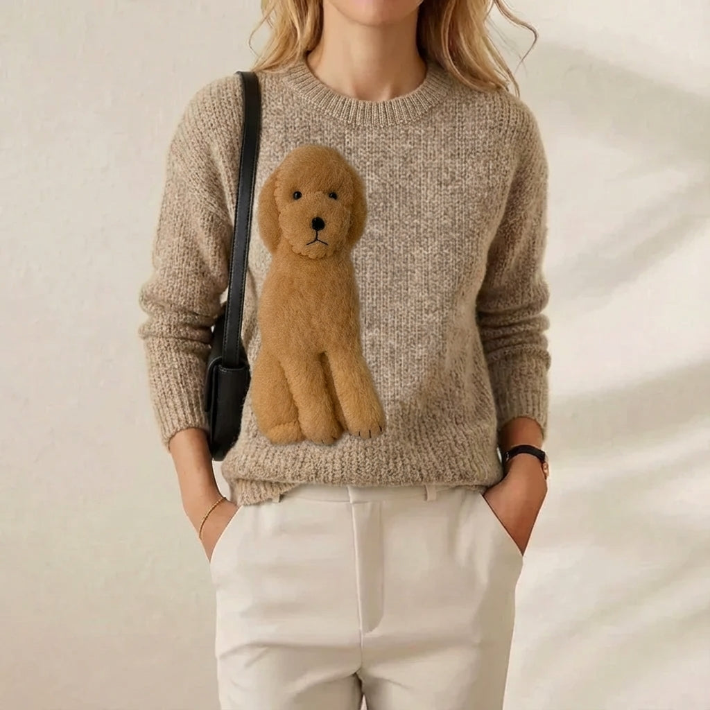 Cotton Sweater Cream with Brown Poodle