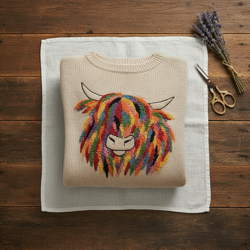 Cotton Sweater Cream with Rainbow Cow Design