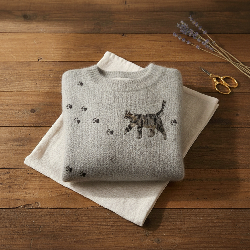 Cotton Sweater Gray with Kitten & Paw Prints