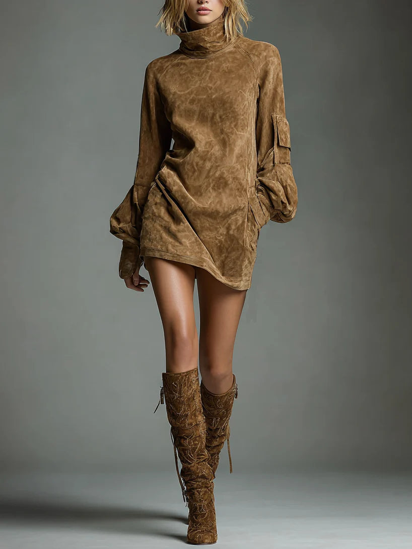 Bibiane | Mini Jurk Oversized in Suède met Hoge Hals