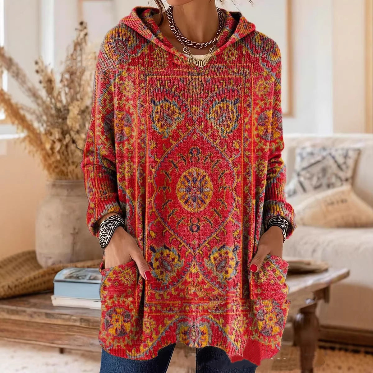 Alice Retro Ethnic Print Hooded Tunic