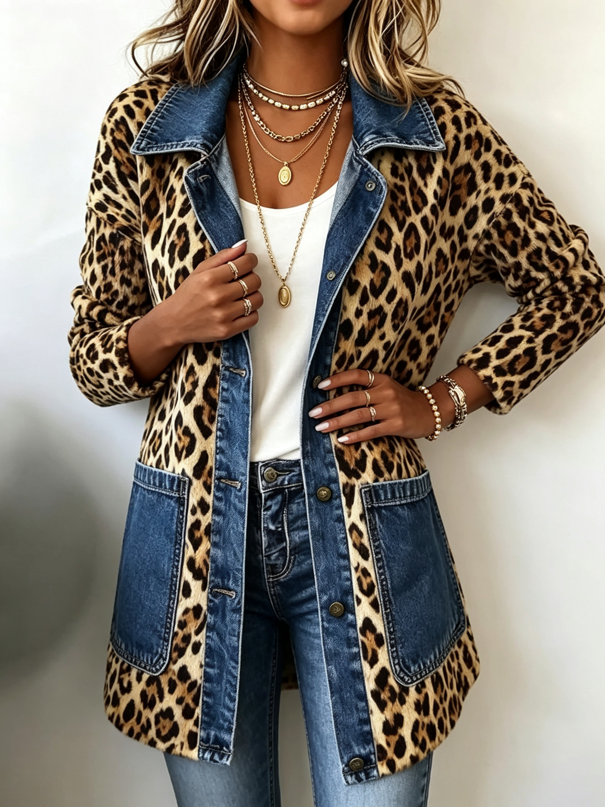 Fablenne™ | Luipaardprint Denim Paneel Contrast Lange Jas