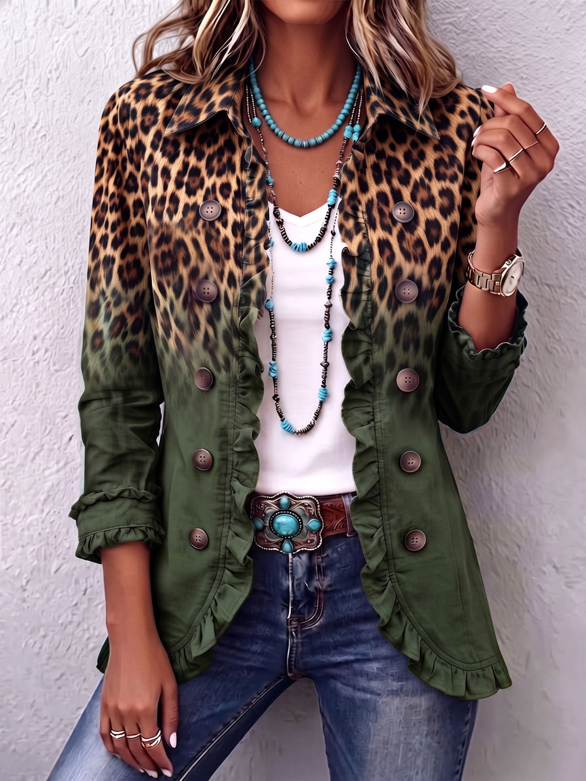 Elspeth™ | Leopard Ombre Ruffle Blazer Jas