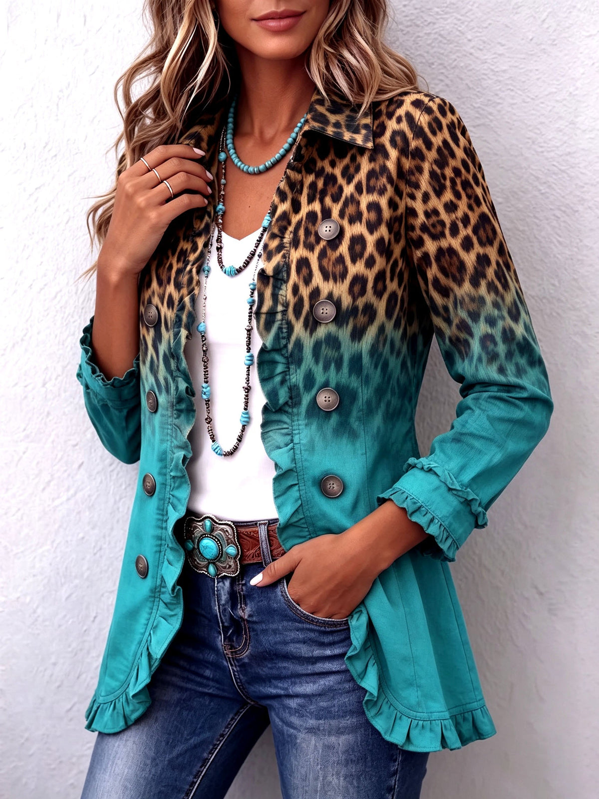 Elspeth™ | Leopard Ombre Ruffle Blazer Jas