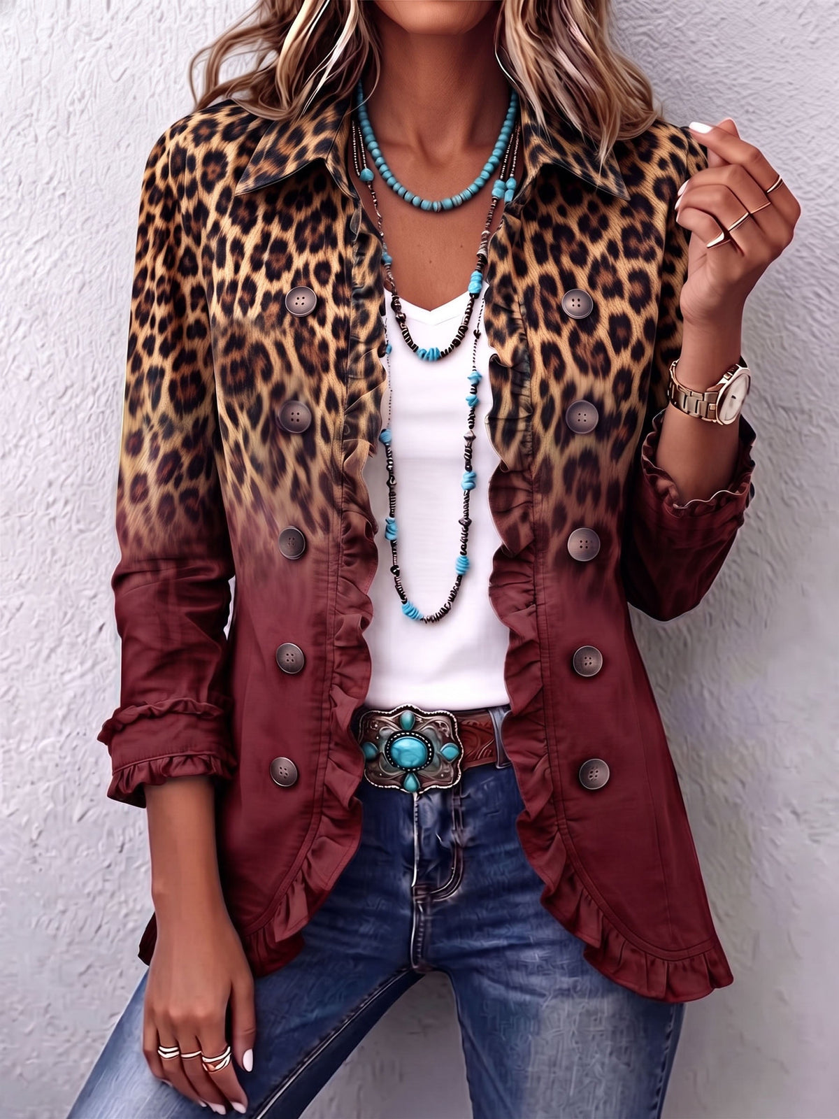 Elspeth™ | Leopard Ombre Ruffle Blazer Jas