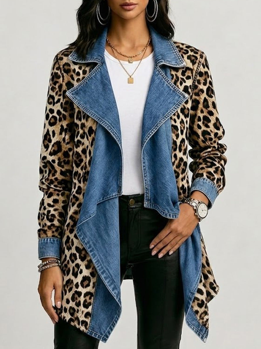 Sherilyn™ | Luipaardprint en Gewassen Denim Geplooide Mid-Length Jas