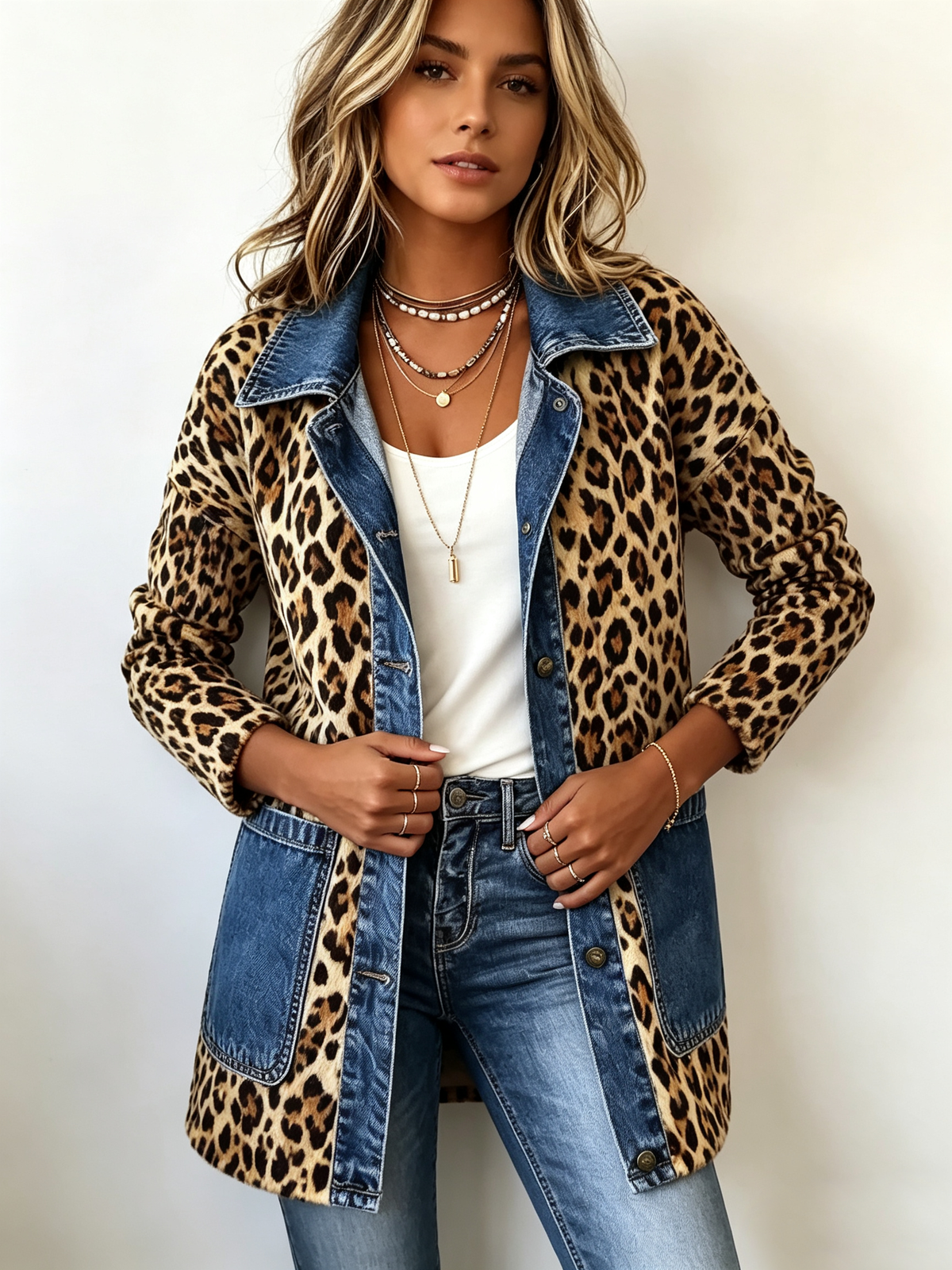 Fablenne™ | Luipaardprint Denim Paneel Contrast Lange Jas