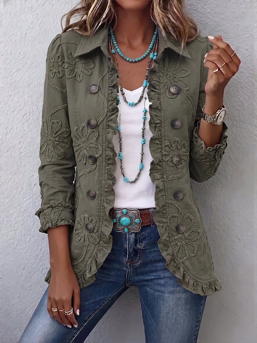 Kamberly™ | Boho-Chic Bloemen Utility Ruffled Trim Jacket