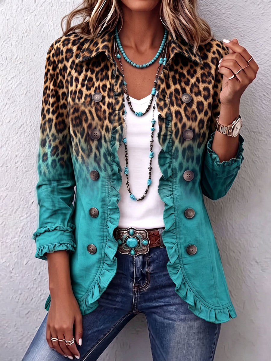 Elspeth™ | Leopard Ombre Ruffle Blazer Jas