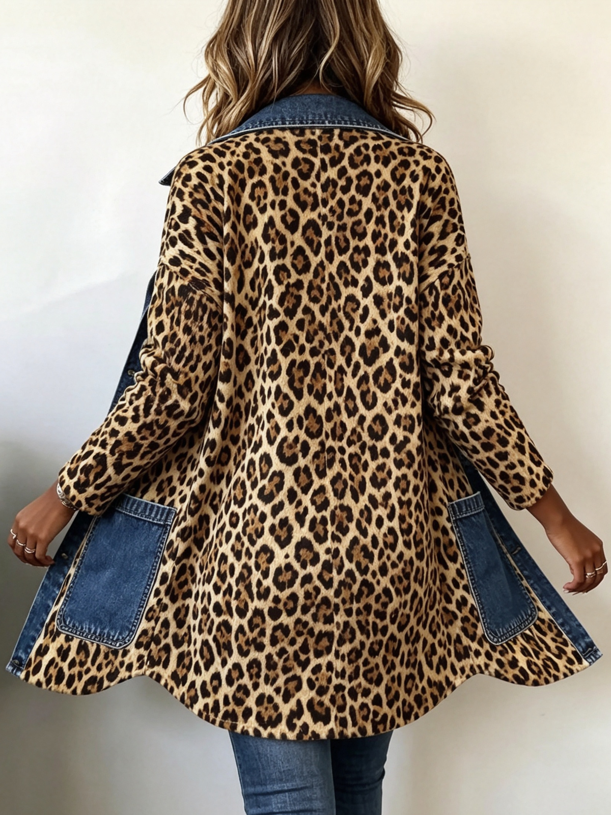 Fablenne™ | Luipaardprint Denim Paneel Contrast Lange Jas