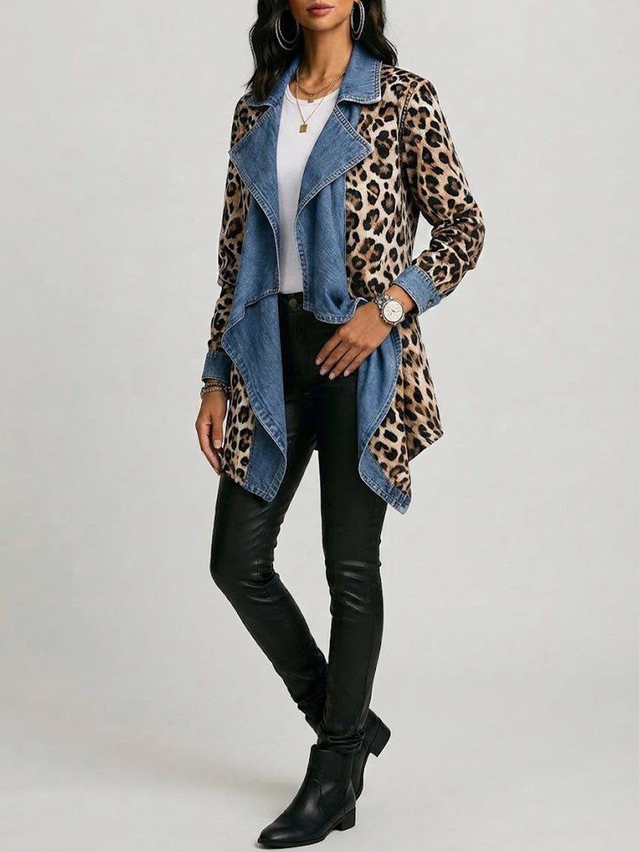Sherilyn™ | Luipaardprint en Gewassen Denim Geplooide Mid-Length Jas