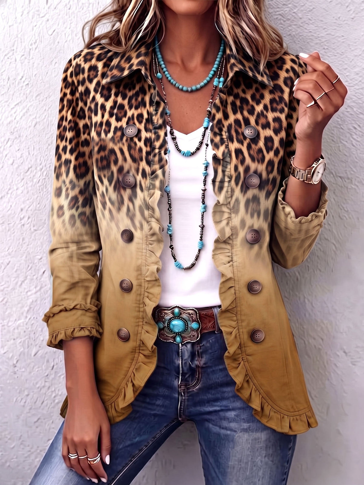 Elspeth™ | Leopard Ombre Ruffle Blazer Jas