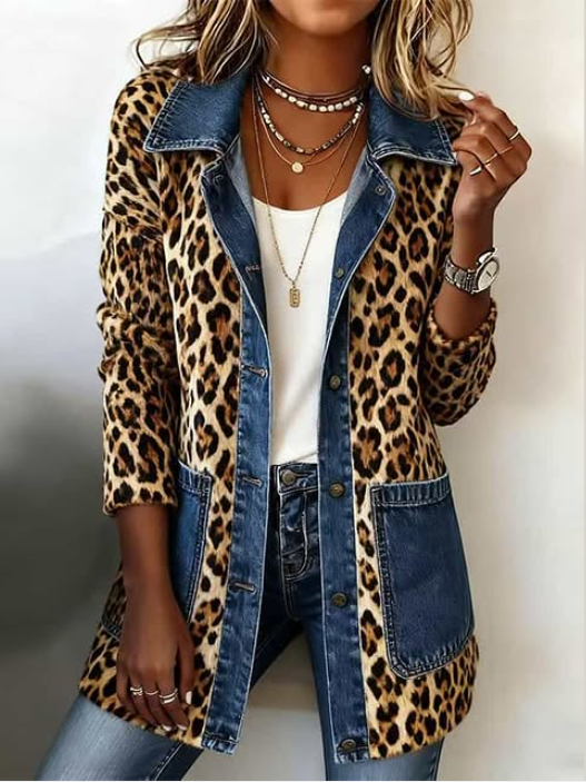 Fablenne™ | Luipaardprint Denim Paneel Contrast Lange Jas
