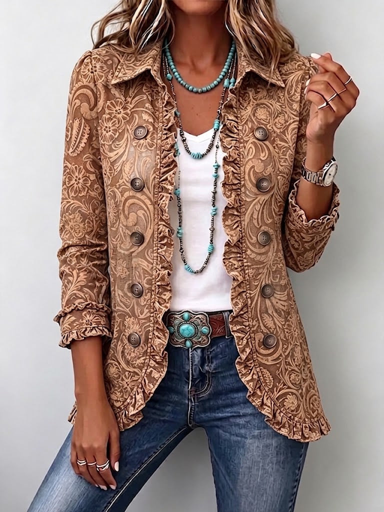 Vyclara™ | Vintage Bohemian Bloemenprint Ruffled Jacket